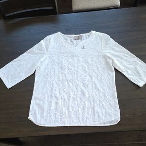 NWT Chico's White Embroidered 3/4 Sleeve Cotton Top, Sz 1 (M)